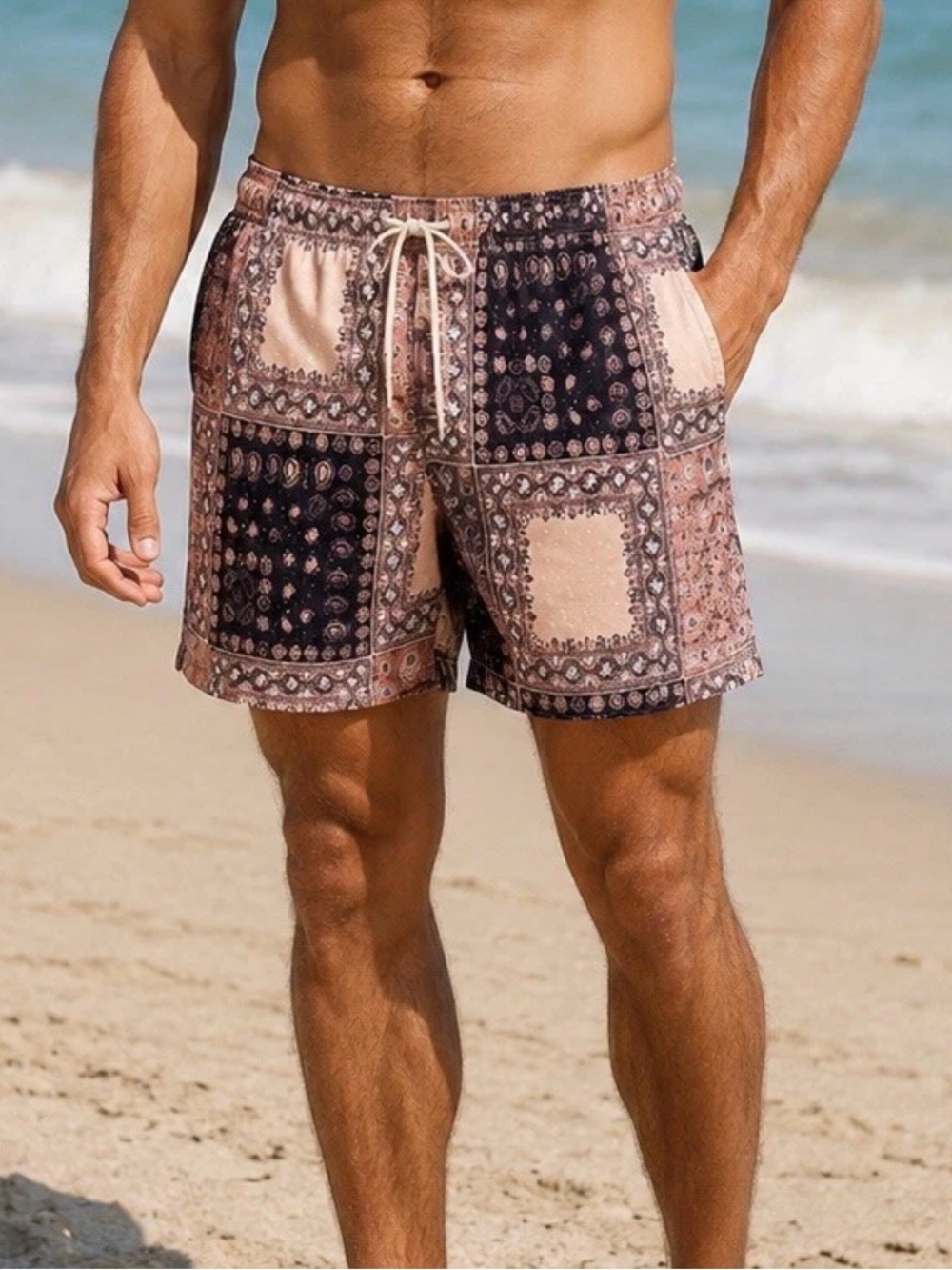 Men's PacSun Bandana-Print Swim Trunks - Pink/Brown